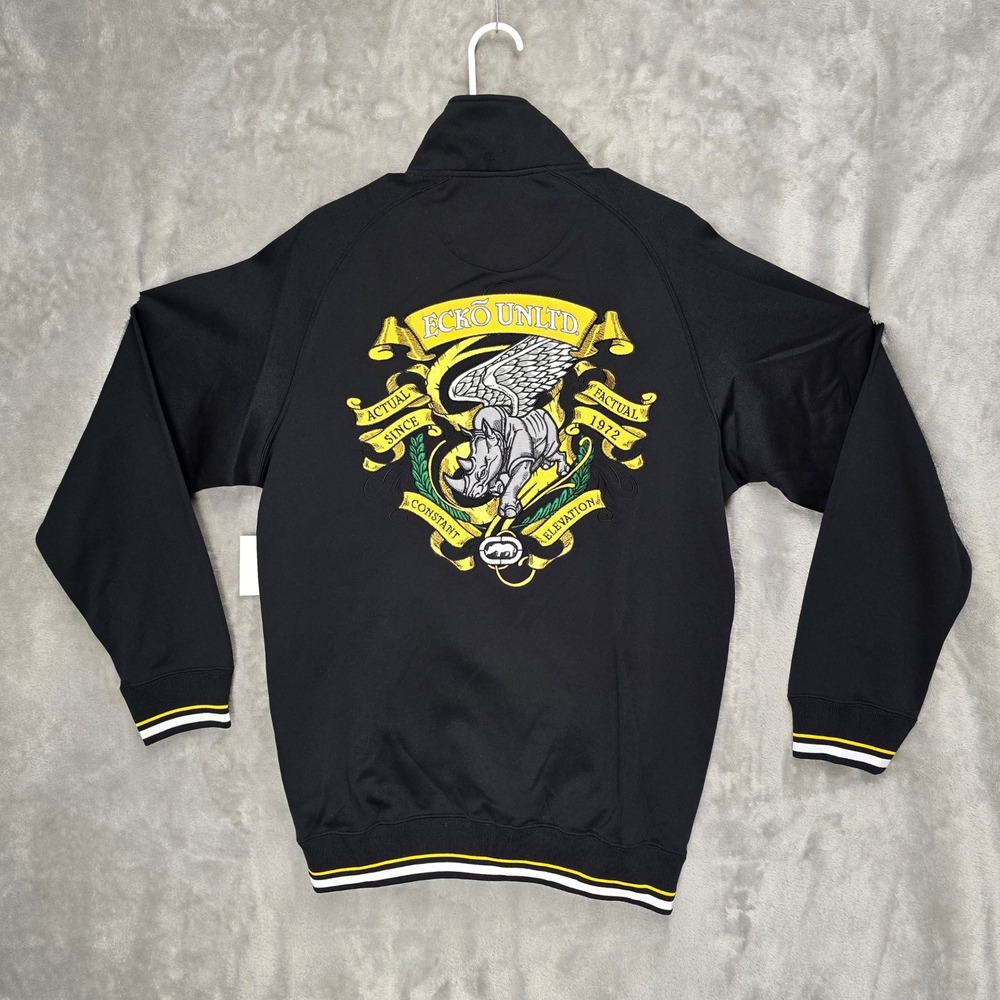 ECKO UNLTD Mens Black Yellow Flying High Track Jacket Size M Full Zip Logo Crest